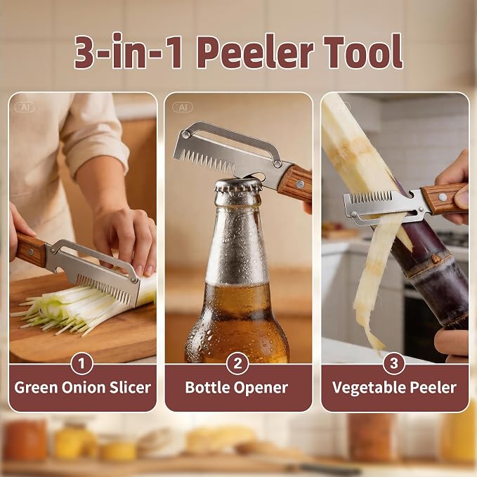 Julienne Peeler Vegetable Peeler for Veggie Potato Carrot(2 Pack) | Multifunctional Cabbage Shredder | 3 in 1 Peeler and Julienne Shredder Tool | Wooden Handle | Bottle Opener