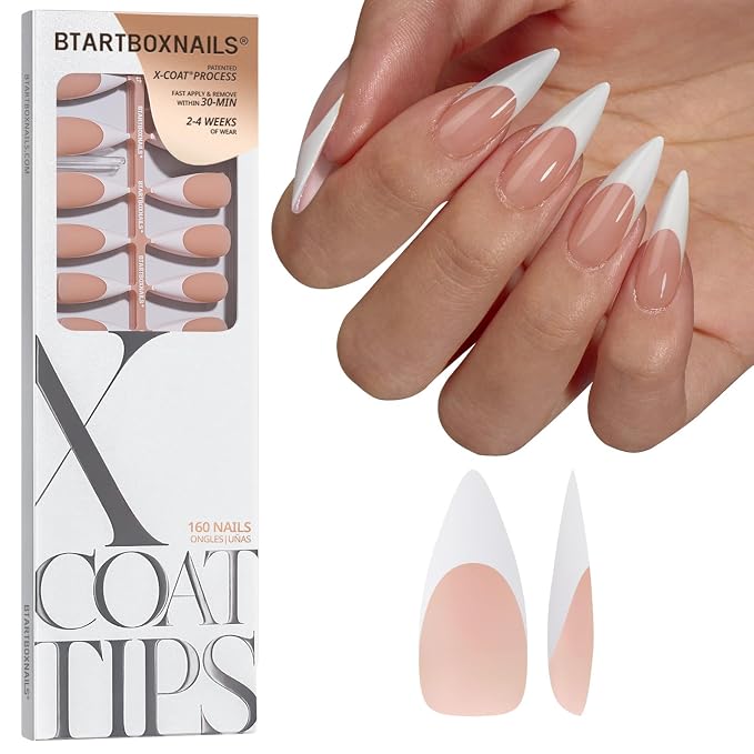 BTArtboxnails XCOATTIPS White French Tip Press On Nails, L Stiletto, Peach | Lamp-Curable, 4-Week Wear, Natural Nail Look, Salon Quality Value at Home, Easy-to-Apply for Beginners, 160ct Nail Tips Only