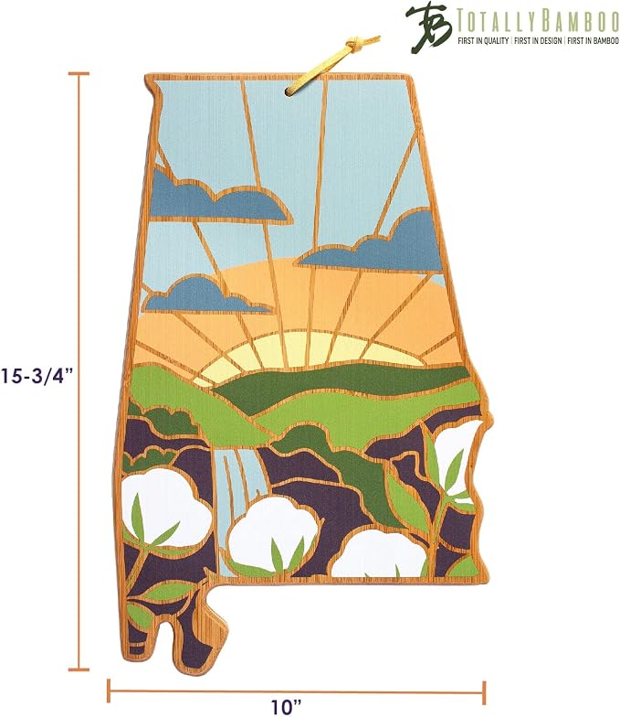 Totally Bamboo Alabama State Shaped Cutting Board, Summer Stokes Art | State charcuterie board with colorful hand-drawn landscape art. Smooth reverse side for food prep. Hang tie for wall display.