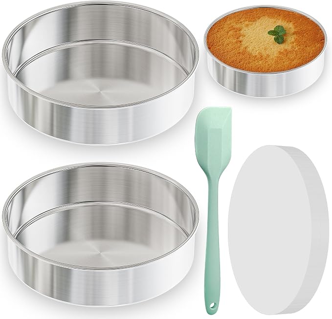 9½ Inch Round Cake Pan, 2PCS Stainless Steel Cake Pans &100 Parchment Paper | Nonstick Circle Round Cake Pans Tins for Birthday Baking Layer Cake, Healthy & Non-Toxic, Silicone Spatula & Dishwasher Safe