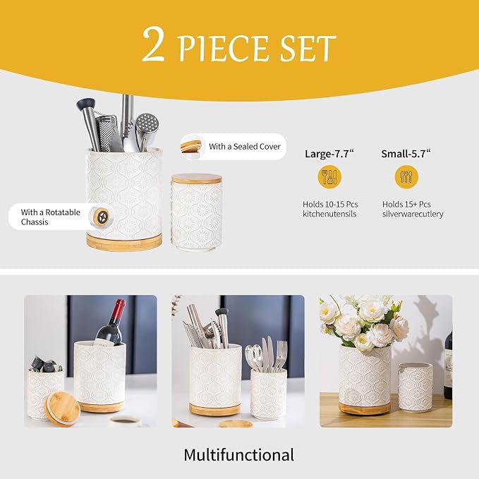 TEATALK Ceramic Utensil Holder Set, 360° Rotating Organizer for Countertop, Farmhouse Vintage Style, Large and Small Crocks in White, 7.7"+5.7"