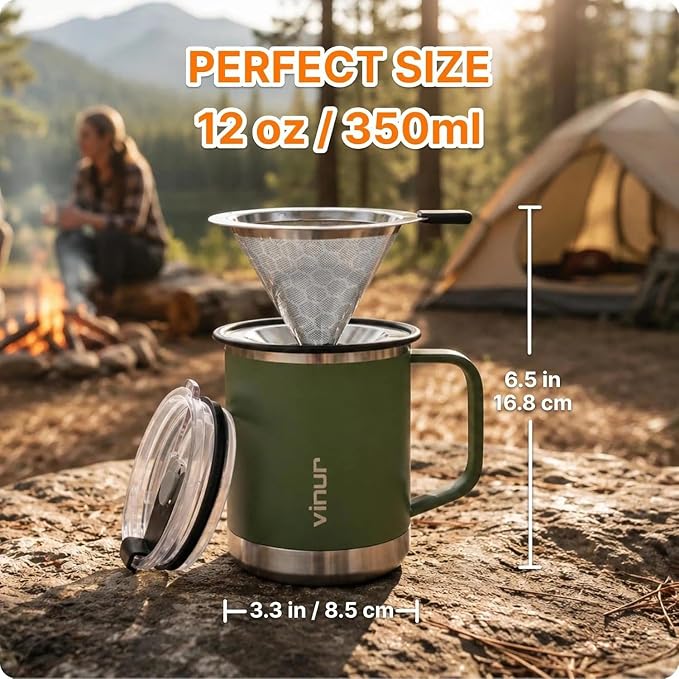 VINUR Stainless Steel Pour Over Coffee Maker-12 oz Insulated Coffee Maker | Stainless Steel Double Wall Vacuum Insulated Coffee Maker With Stainless Steel Filter for Home, Camping, Office (Grass Green)