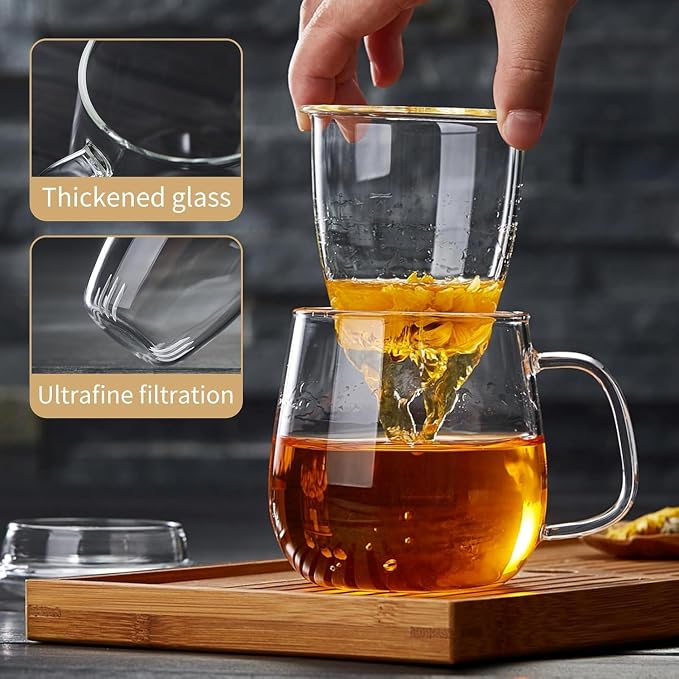 DOPUDO Large Glass Tea Cup, 34 oz Borosilicate Glass Tea Mug with Infuser and Lid, 1000ML Clear Tea Cups for Brewing Scented Tea and Tea Bag.