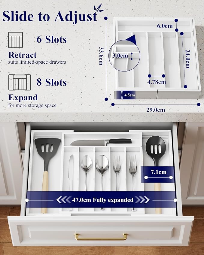 Kitsure Silverware Organizer, Bamboo Kitchen Drawer Tray, White, Large | Expandable Drawer Kitchen Organizer, Cooking Utensils & Cutlery, Sturdy & Thickened Design, Storage Solution