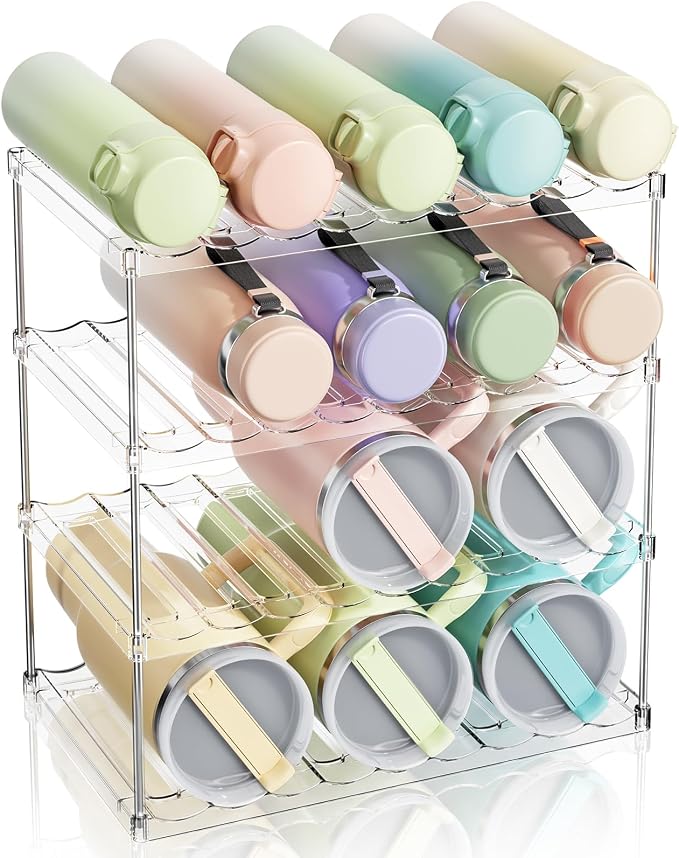 LAMU Stackable Water Bottle Organizer Holder Tumbler Cup Storage Rack | 4 Tier Clear PET Holder for Stanley 16-40oz Large Water Bottle Tumbler Cup Storage for Kitchen Cabinet Pantry Countertop