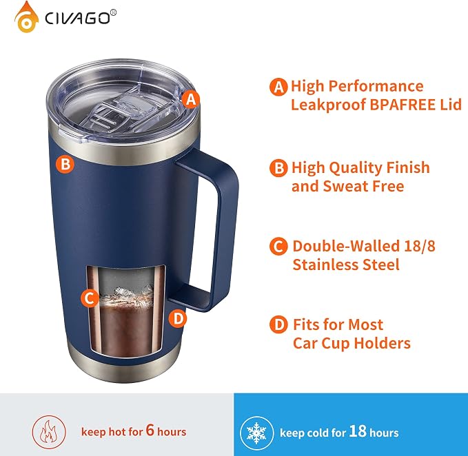 CIVAGO 20 oz Tumbler Mug with Lid and Straw, Insulated Travel Mug with Handle, Double Wall Stainless Steel Vacuum Coffee Tumbler, Thermal Cup, Navy Blue