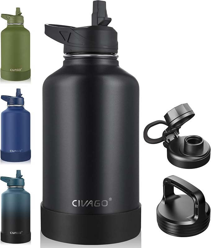 CIVAGO 64 oz Insulated Stainless Steel Water Bottle With Straw and 3 Lids | Half Gallon Large Metal Water Jug, Big Leakproof Reusable Wide Mouth Thermal Flask with Silicone Boot, BPA-Free, Black