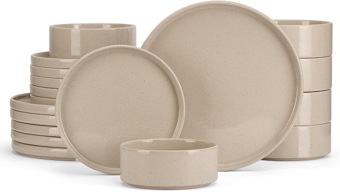 E-far Dinnerware Sets for 6, 18-Piece Stoneware Plates and Bowls Set, Khaki | Modern Kitchen Dining Dishware, Chip and Scratch Resistant, Microwave & Dishwasher Safe, Speckled Khaki