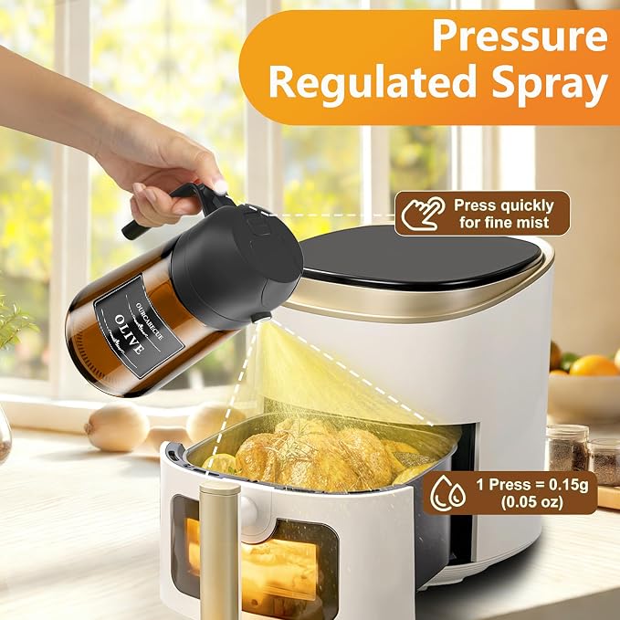 Olive Oil Sprayer & Dispenser for Cooking, 16oz Dark Glass Oil Mister, 2PC | 2-in-1 Oil Sprayer & Pourer, Fine mist, Light-Blocking, Wide Mouth for Easy Refill & Clean, 8 Oil Labels, Reusable