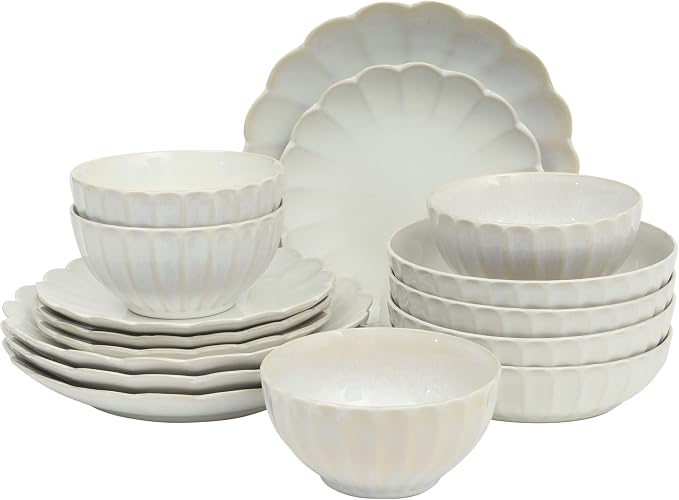 Gibson Elite Malibu Shore 16 Piece Scallop Stoneware Reactive Glaze (Service for 4) Ceramic Plates and Bowls Dinnerware Set - Shiny Cream White