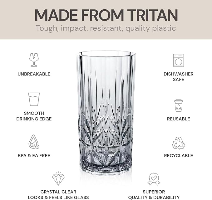 BELLAFORTE Shatterproof Tritan Tall Tumbler Set of 4, 18oz - Myrtle Beach Drinking Glasses - Unbreakable Plastic Glasses Drinking for Gift, Party, New Year - BPA Free - Dishwasher Safe - Smoke Gray
