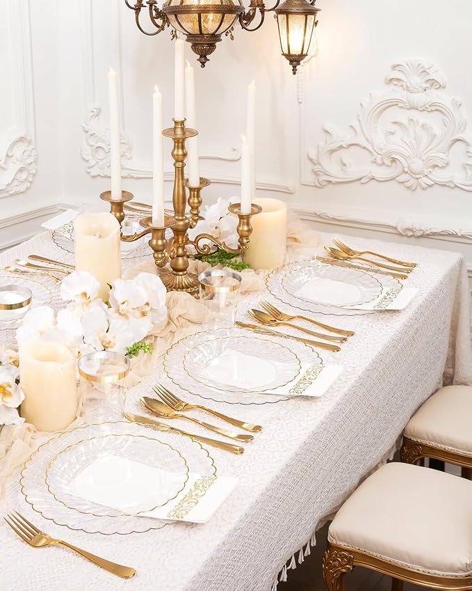 YOUBET 175PCS Clear and Gold Scalloped Plastic Plates for Party Wedding | Clear and Gold Disposable Dinnerware Set Include 50 Plates, 75 Gold Silverware, 25 Cups, 25 Napkins