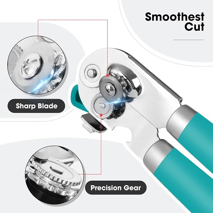 Beneno Heavy Duty Hand Can Opener Manual with Magnet Lid Remover, Turquoise | Razor-Sharp Carbon Steel Blade, Precise Smooth Cutting Gear, Big Effort-Saving Knob, Soft Grip Handle, Built-in Bottle Opener