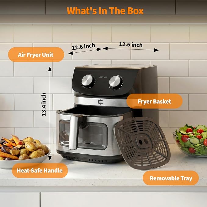 9.5Qt Large Air fryer Toaster Oven Combo with Mechanical Dial Controls | Non Toxic Stainless Steel Air Fryer with Viewing Window, XL Capacity Basket Style Airfryer for Family, Black