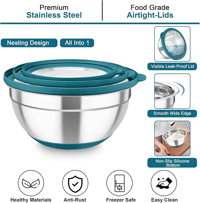 TeamFar Mixing Bowls with Colander, Stainless Steel Salad Bowls, Blue | 4.6/ 3/ 1.5 QT Nesting Bowls Rotatable Fruit Strainer, with Lids & 3 Graters, Non-Slip Bottom & Visible Lid, Dishwasher Safe
