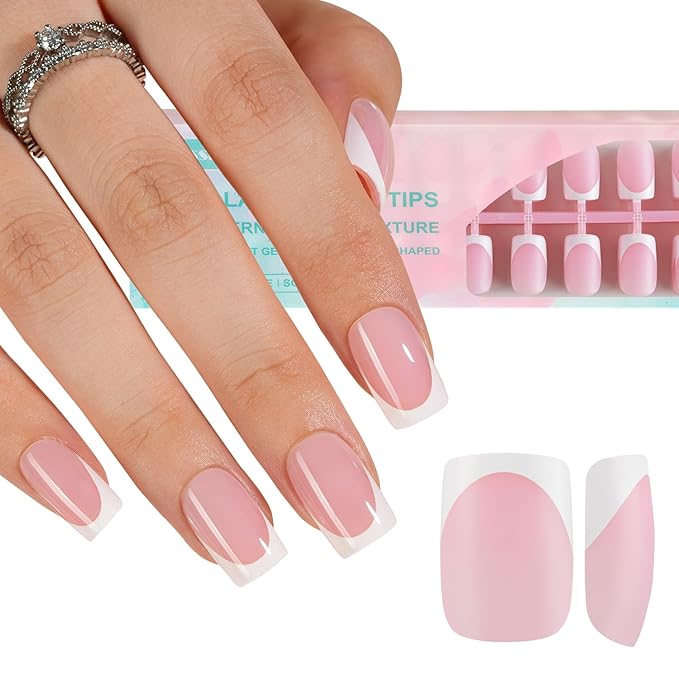 Misssix 160Pcs French Tip Press on Nails Short Square Pink Gel Fake Nails | No Need to File Tips Pre-lasting, Fake Nails for Nail Art DIY 16 Sizes