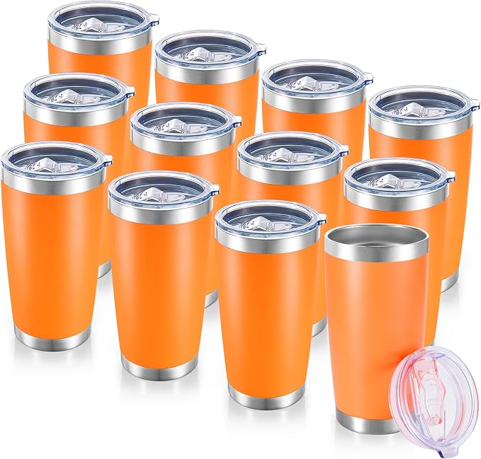 20 oz Tumblers Bulk Stainless Steel Tumbler with Lid, 12 Pack | Orange, 20oz Insulated Coffee Mug, Double Wall Vacuum, Powder Coated Cup, for Hot and Cold Drinks