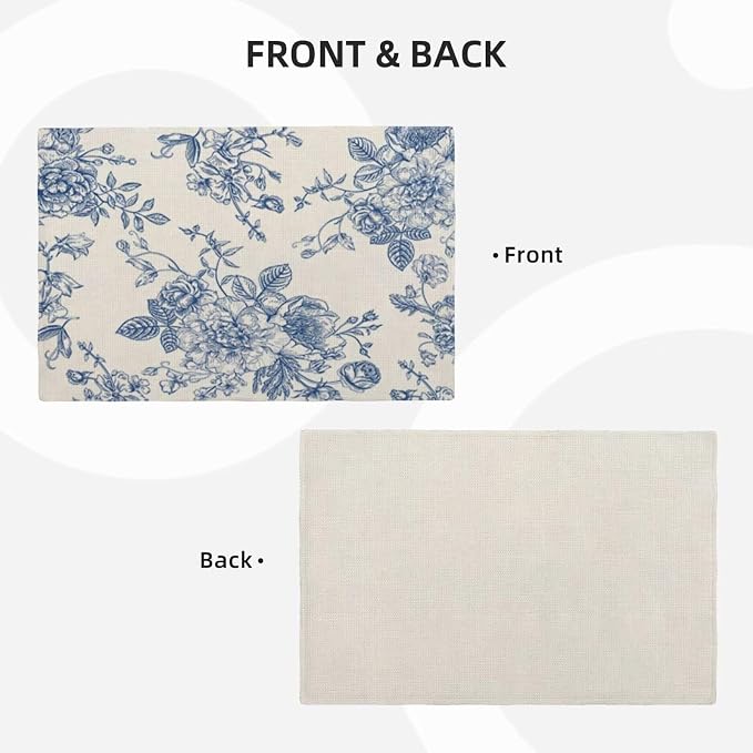 Chinoiserie Floral Placemats Set of 4, Vintage Blue Flower Decorative Table Mat 12 x 18 Inch Heat Resistant Non Slip Line Fabric Seasonal Floral Place mat for Dining Table