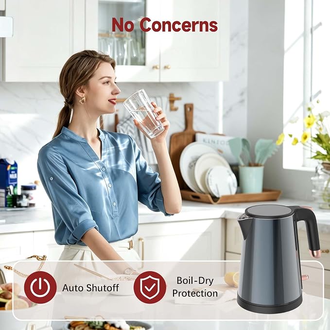 Electric Kettle 1.0L, Triple-Wall Insulated Metal Shell, 1000W | 304 Stainless Steel, BPA-Free, Auto Shut-Off, One-Push Operation, Dry Boil Protection, Fast Boiling for Tea Office Home