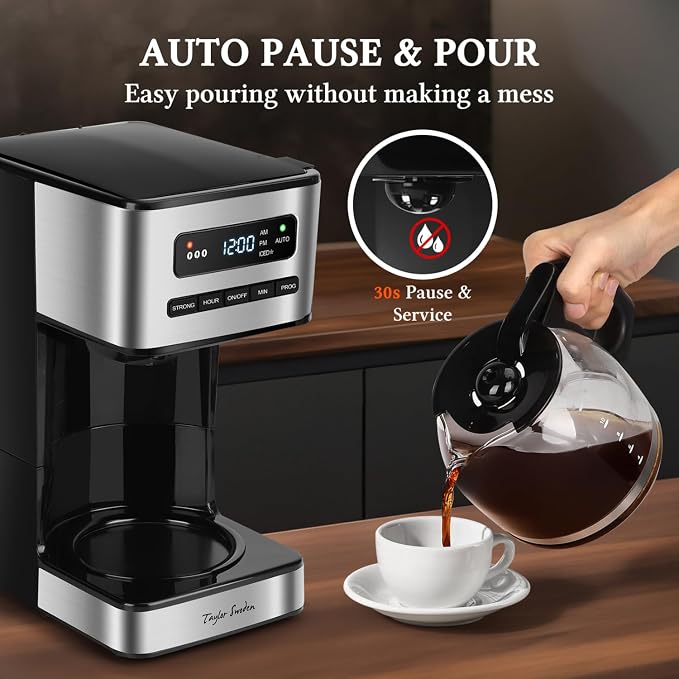 Taylor Swoden Programmable Coffee Makers 12 Cup, Black &Stainless Steel | Hot and Iced Coffee Maker, 4 Brew Strength, LED Display, 24H Timer, Keep Warm&Auto Shutoff- Drip Coffee Machine for Home