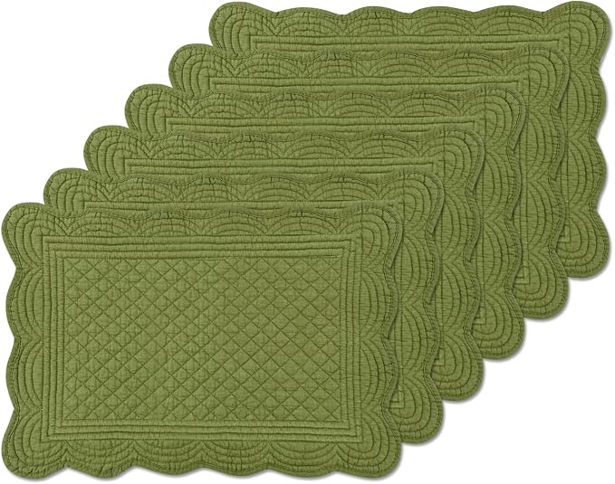 6 PC Quilted Placemats, 18"X13"Extra Large Cotton Placemats Set of 6, 100% Cotton Fabric Washable Cloth Table Mats for Kitchen & Dining Table - Soft &Easy Clean(Olive Green, Rectangular)
