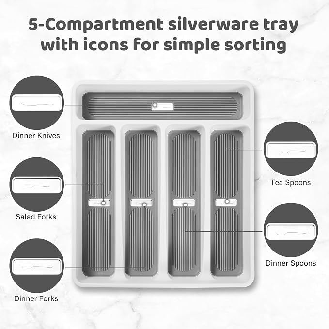 5-Compartment Silverware Organizer Tray with Icons for Kitchen Drawer | Non-slip TPR Linings，5-Compartment，High-quality Plastic，Fits Well In Standard Drawers，With Cutlery Icons