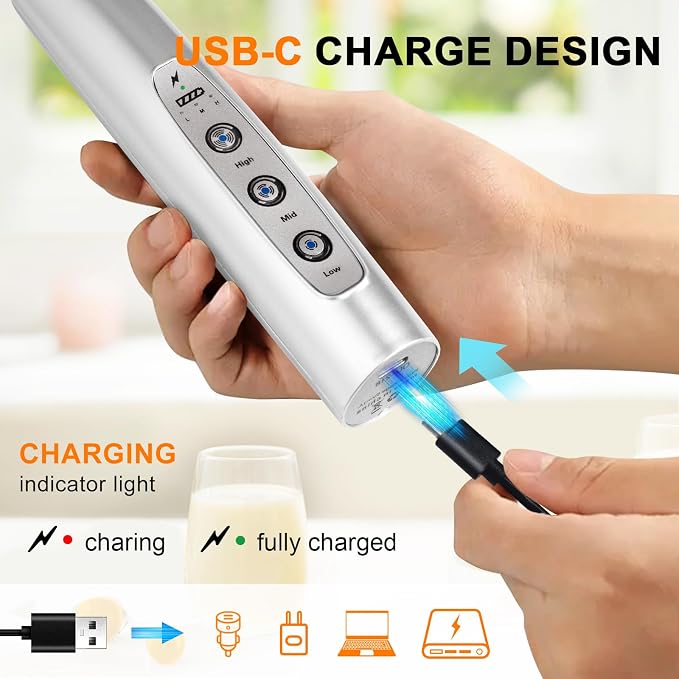 YUSWKO Handheld Milk Frother Wand for Coffee, Rechargeable Electric Whisk with 3 Heads 3 Speeds Drink Mixer Coffee Frother For Latte, Cappuccino, Hot Chocolate, Egg, Silver with Holder