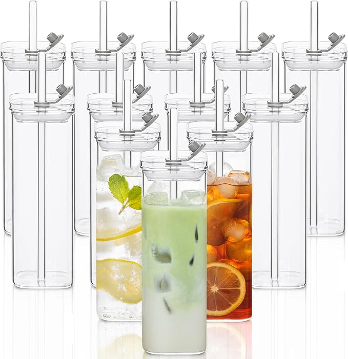 KEMORELA 12 Sets Square Drinking Glass Cups with Lids & Straws, 17 Oz Clear Highball Glasses for Cocktail, Iced Coffee, Juice, Beer - Modern Glass Tumblers