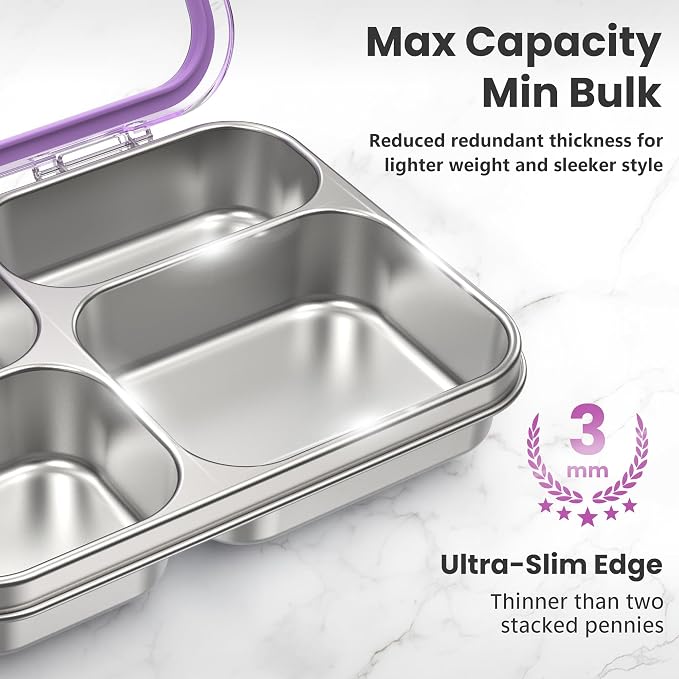 HOMEKOL Stainless Steel Bento Lunch Box, 4 Cups, Purple | 4-Compartment Leak-Proof Metal Lunch Container for Kids & Adults, BPA/BPS-Free, Dishwasher Safe, Clear Lid, (Not Insulated)