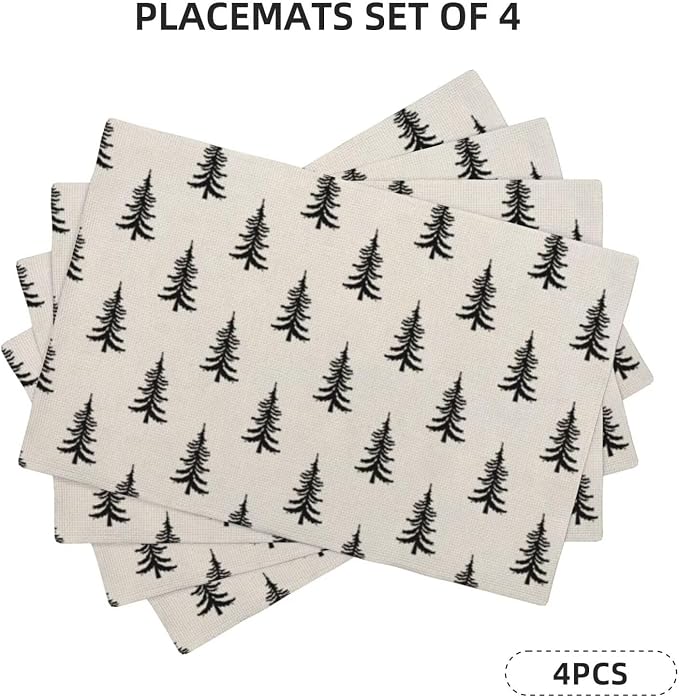 Christmas Set of 4 placemats, Black Christmas Trees Decorative Table Mat 12 x 18 Inch Heat Resistant Non Slip Line Fabric Xmas Holiday Place mat for Party Kitchen Dining Decor