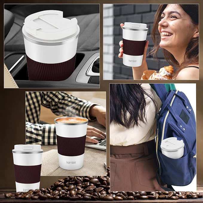 KETIEE Travel Coffee Mug 12oz: Reusable Insulated Coffee Cup with Leakproof Lid, Travel Tumbler, Vacuum Stainless Steel Coffee Mug to Go for Hot/Iced Coffee Tea Water (White)