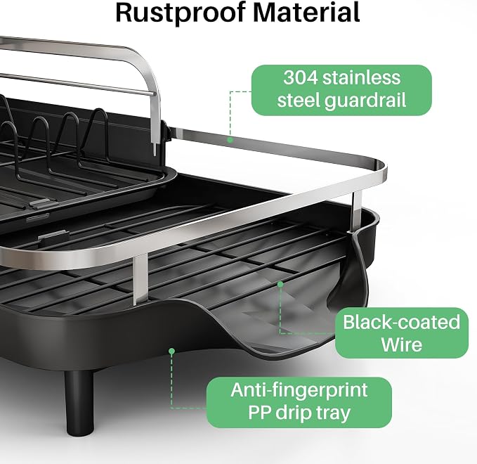 SAYZH Expandable Dish Drying Rack for Small Kitchen Counter, Black | Stainless Steel, Protective Guardrail, Angled Drainboard, Fits High-Rim Sinks, Removable Utensil Holder