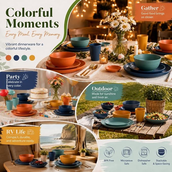 Plates and Bowls Sets, Wheat Straw Dinnerware Sets,Dishes Set for 8 | 40-Piece Dishware Sets, Microwave Safe Plates/Cereal Bowls/Cups Set/Soy Sauce Dish for Kitchen, Camping Dishes Set, Colorful