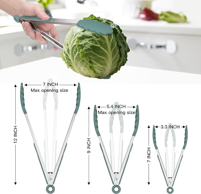 HOTEC Premium Stainless Steel Locking Kitchen Tongs with Silicon Tips, Set of 3-7", 9" and 12" (Sage Green)