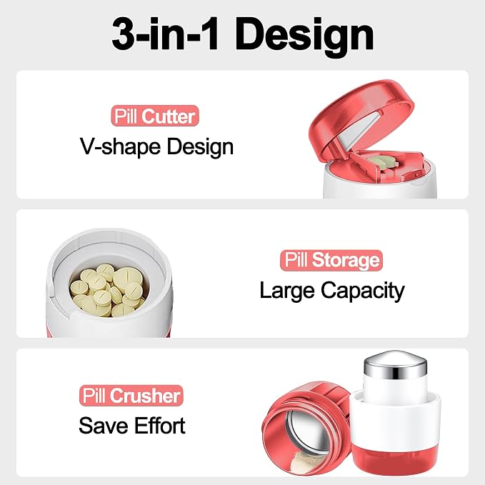 DUBSTAR 3-in-1 Pill Crusher Fine Powder Pill Grinder Pill Cutter Red | Pill Crushers for Elderly and Pet with Pill Storage and Brush, Pill Splitter for Small or Large Pills
