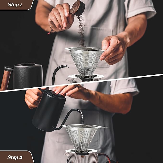 Pour Over Coffee Dripper, Slow Drip Paperless Coffee Filter, Pour Over Coffee Maker for 1-2Cups Brew, Double Mesh Design of Manual Reusable Cone Filter