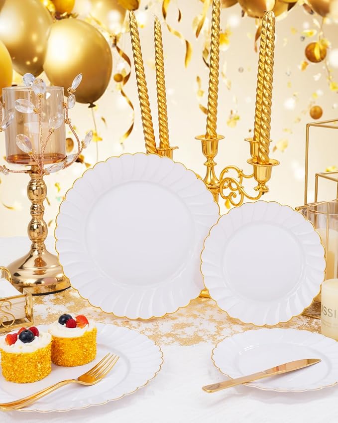 YOUBET 175PCS White and Gold Scalloped Plastic Plates for Party Wedding | White and Gold Disposable Dinnerware Set Include 50 Plates, 75 Gold Silverware, 25 Cups, 25 Napkins