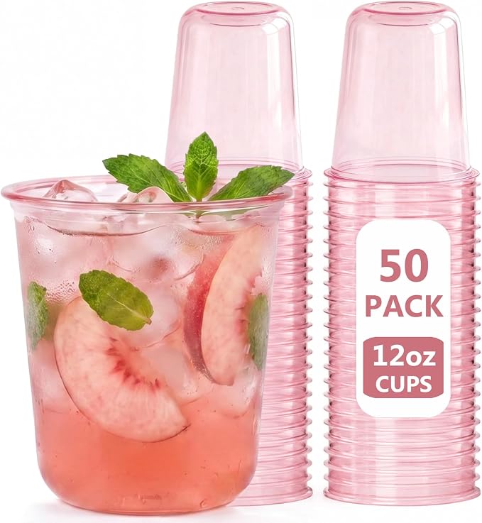 WELLIFE 50 Pcs 12 oz Clear Pink Plastic Cups | Disposable Cocktail Glasses Stemless Wine Punch Cups for Cold Drinking Wedding Party Supplies Valentine's Day
