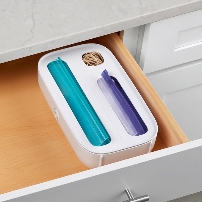 YouCopia StoraBag Drawer Food Bags Dispenser, 3-Slot, Plastic Sandwich Bag Organizer For Kitchen Storage, White