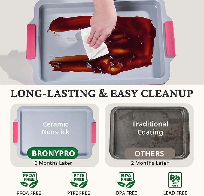 BRONYPRO Non Stick Ceramic Baking Sheet Pan Set of 3, Non Toxic Cookie Sheets (PFAS/PFOA/PTFE Free), Aluminized Steel Oven Trays with Silicone Handles, Rust-Resistant, Warp-Resistant to 500°F, Rose