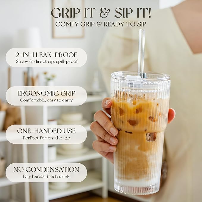 KEMORELA 20oz Ribbed Glass Tumblers with Lids and Straws, Iced Coffee Cups | Reusable thick-wall glass, Leak-Proof Lids, Fits Most Car Cup Holders, For Iced Coffee and Cold Drinks, With Cleaning Brush