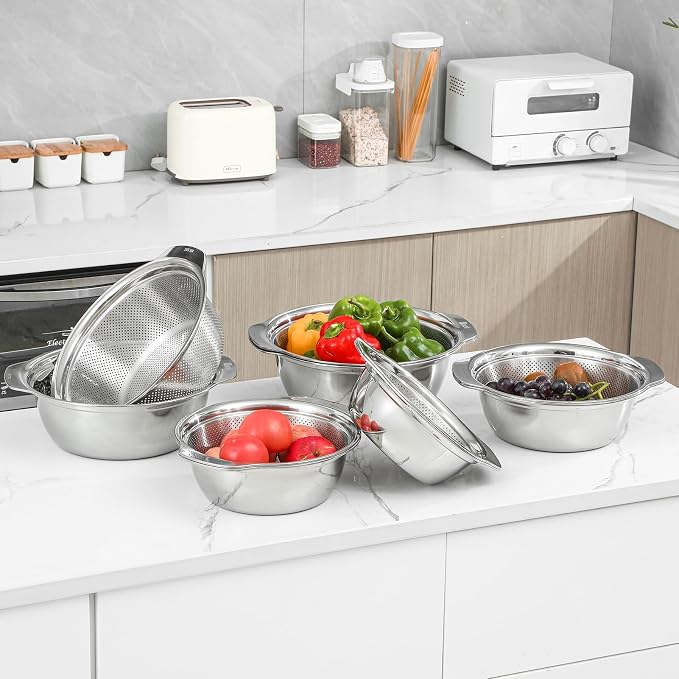 Paoli 304 Stainless Steel Fine Mesh Colander Set, 5QT Large Capacity Strainer with Mixing Bowl — Rinse Fruits, Veggies, Rice & Drain Pasta, Dishwasher Safe (2-Piece)