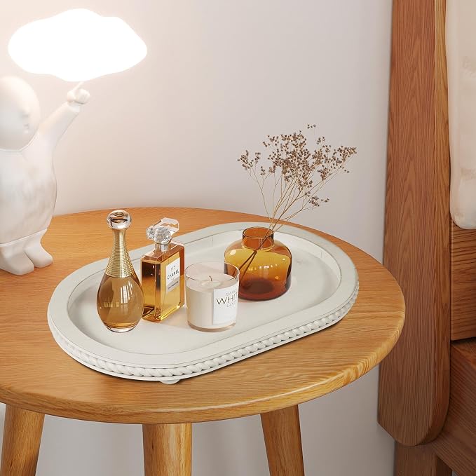 Urban Deco Oval Wooden Decorative Tray Set of 2 | Farmhouse Vintage Decorative Tray Stand for Coffee Table, White Serving Tray for Living Room Kitchen Home Decor