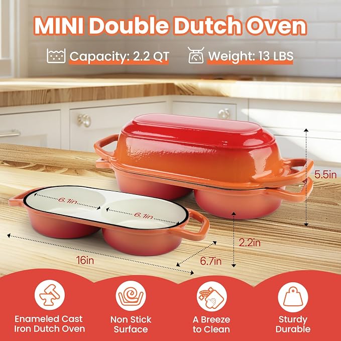 YONILL Mini Double Dutch Oven with Lid for Sourdough Bread Baking (Orange) | Enameled Cast Iron Pot with Lid, 5" Banneton Bread Proofing Basket Include, Dual Round Bread Loaf Pan for Homemade Baking