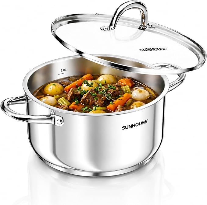 SUNHOUSE 8 Quart Stock Pot with Lid, Stainless Steel Large Pot for Cooking | 8QT Pots for Pasta, Soup - Stockpot for Canning with Impact Bonded Base - Oven Safe & Induction Compatible