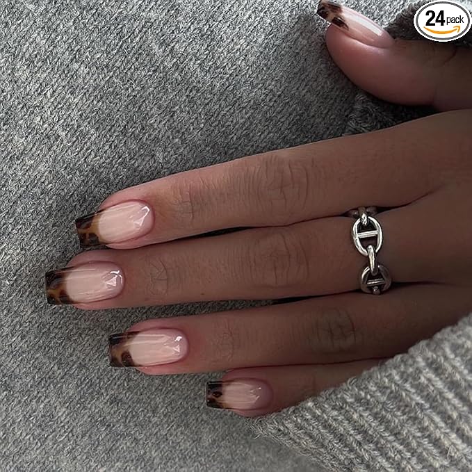 24Pcs Brown French Tip Press on Nails Short Square Fake Nails WLGDLH False Nails Press ons Nail Kit with Leopard Print Design Glossy Glue on Nails Full Cover Nude Stick on Nail for Women Manicure