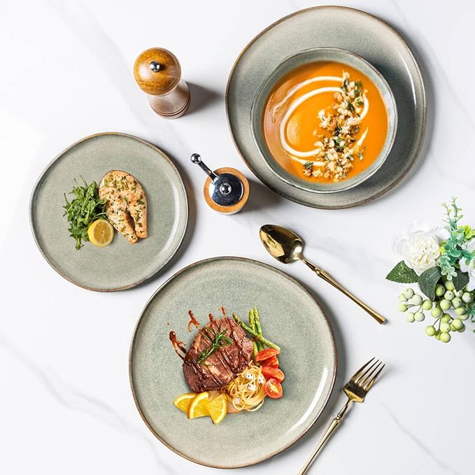 AmorArc Ceramic Dinnerware Sets for 8, 24Pcs Plates and Bowls Sets Dishes | Stoneware Handmade Reactive Glaze Dinner Set, Highly Scratch Resistant | Dishwasher & Microwave Safe Dishware
