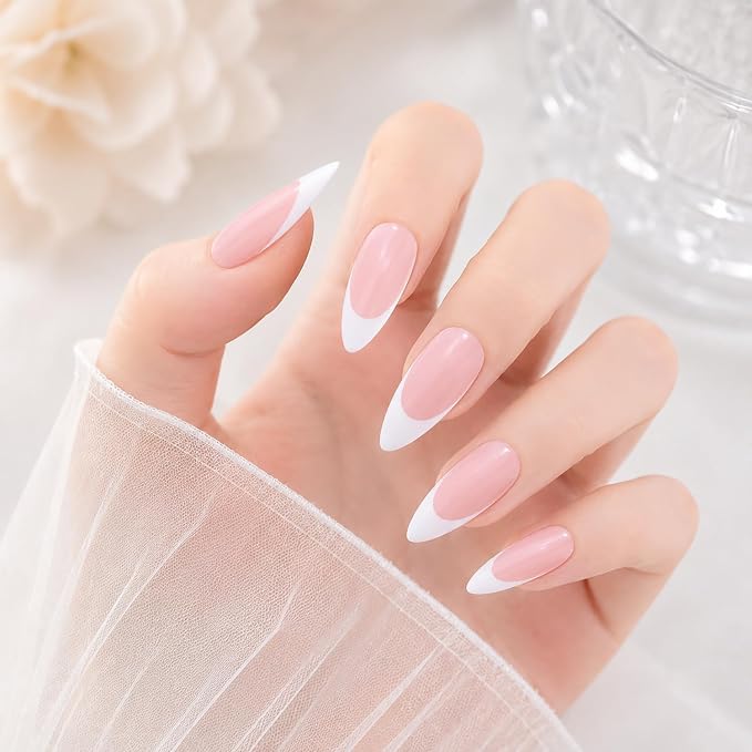 Handmade White French Tip Press on Nails Long Stiletto Acrylic Press on Nails Nude Fake Nails Press on Nails Solid Color Hand Made Thick Stick on Nails for Women 10pcs (M)