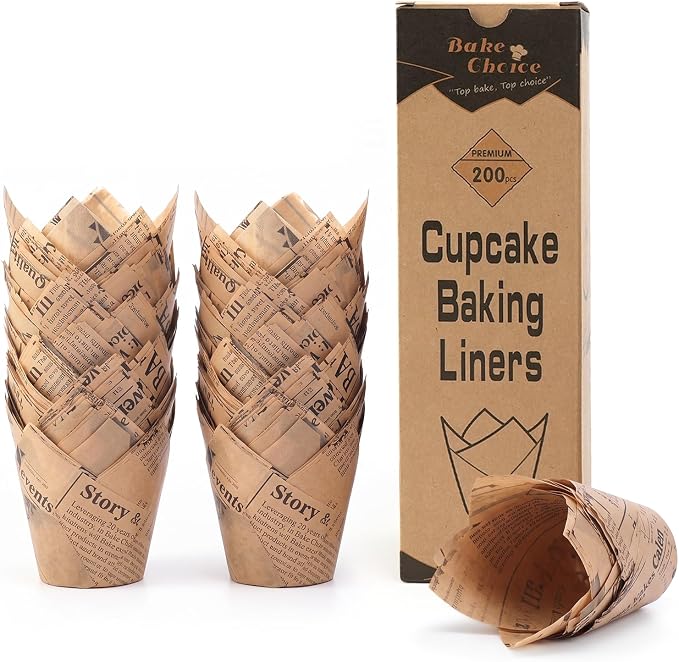 Bake Choice 200pc Standard Tulip Cupcake Liners for Baking, Newspaper Print | Tulip Muffin Liners, Non Stick, Grease Resistant Cupcake Wrappers for Party, Christmas