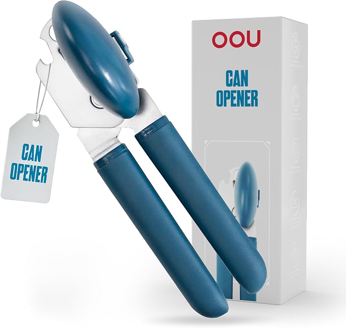 OOU Can Opener, Manual Stainless Steel Can Opener with Premium Zinc Alloy Construction, Large Turning Knob, Magnetic Lid Lifter and Ergonomic TPE Non-Slip Grip Handles, Blue